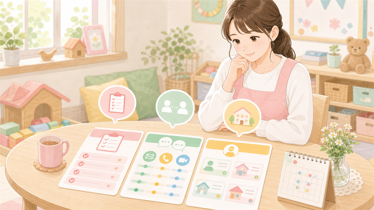 初めて保育士転職サイトを使う人の選び方の内容を整理した保育士向けイラスト
