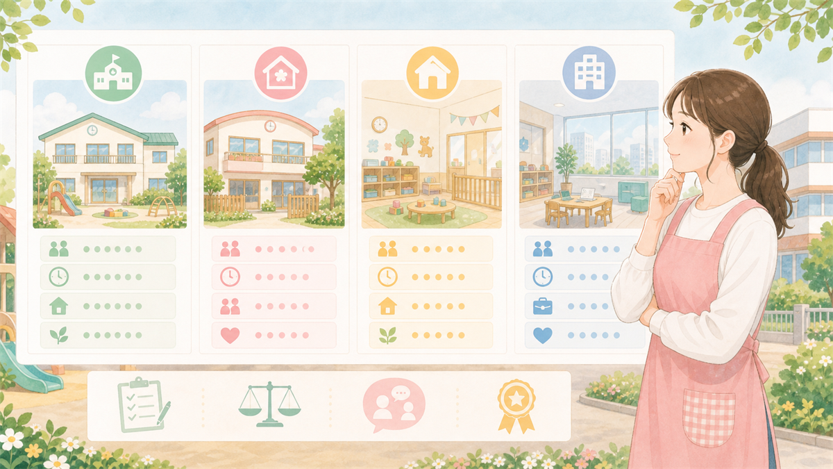 保育士が複数の保育施設タイプを比較しているイラスト