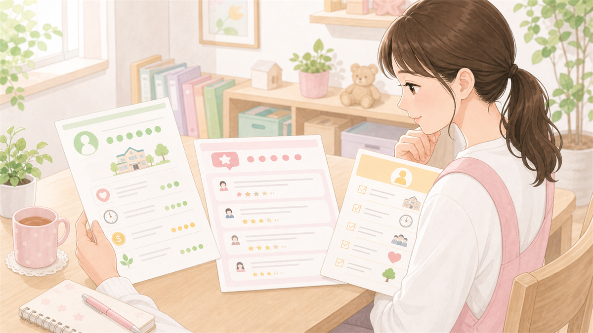 保育士oneを比較するときの判断基準。登録前に確認したいことの内容を整理した保育士向けイラスト