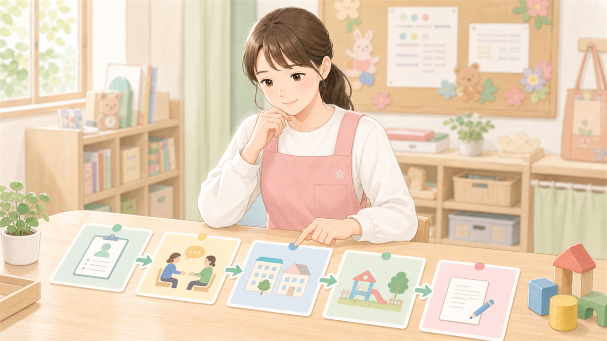 保育士が転職サイトで求人を比較しているイラスト