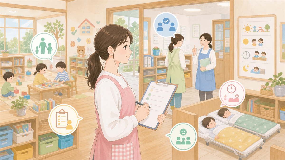 保育士が園見学でチェックリストを確認しているイラスト