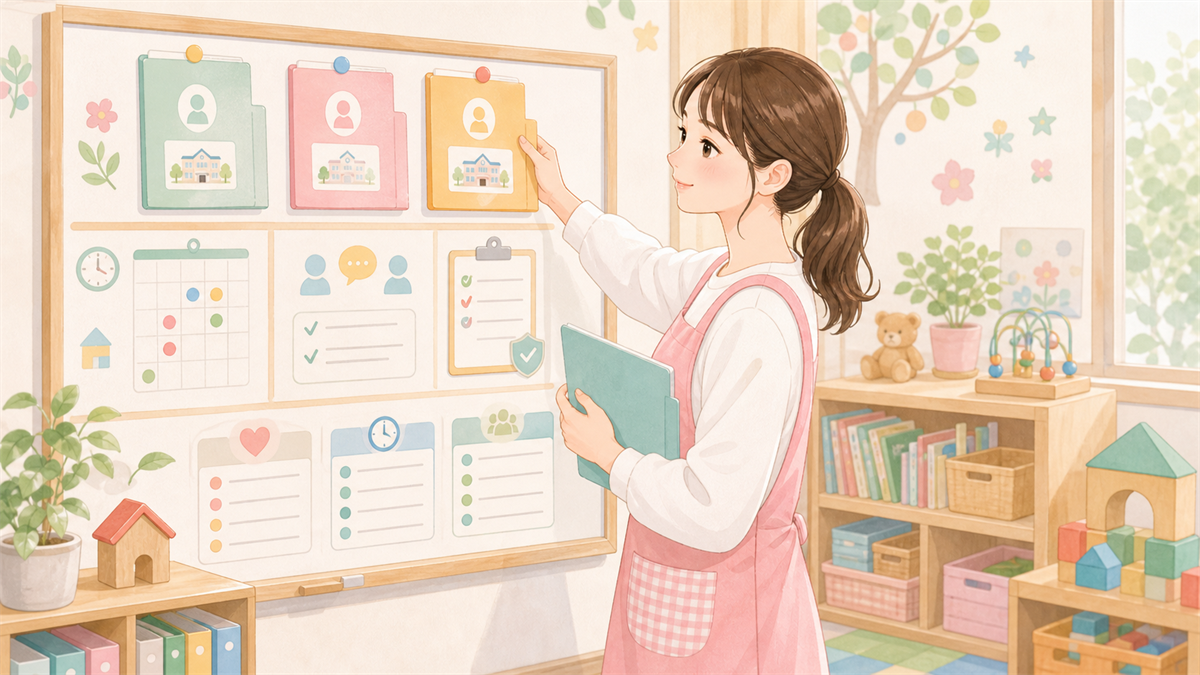 保育士が複数の転職サービスを比較しているイラスト