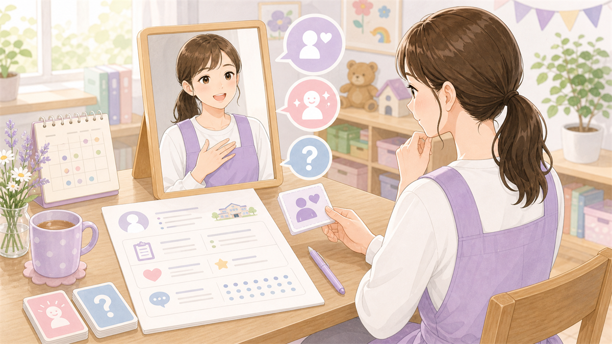 保育士が履歴書と面接準備をしているイラスト