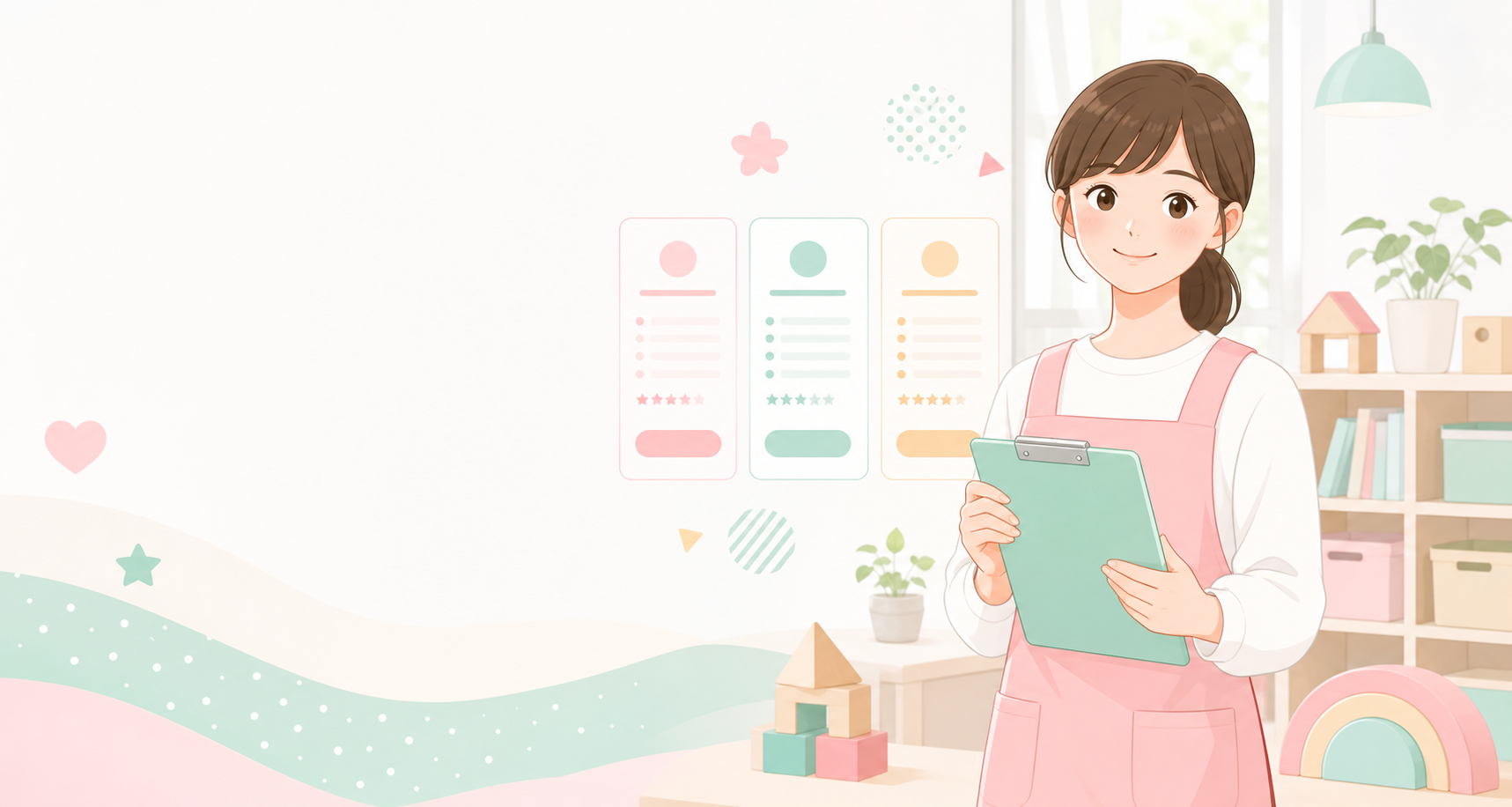 保育士求人サービスを比較する女性保育士のやさしいイラスト